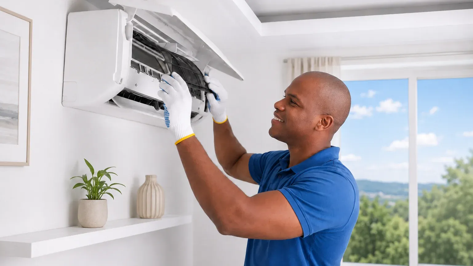 Técnico fazendo manutenção de ar-condicionado split residencial